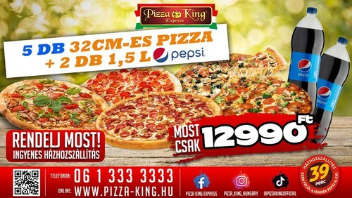Pizza King 11 - 5 db normál pizza 2db 1,5l Pepsivel - Szuper ajánlat - Online rendelés